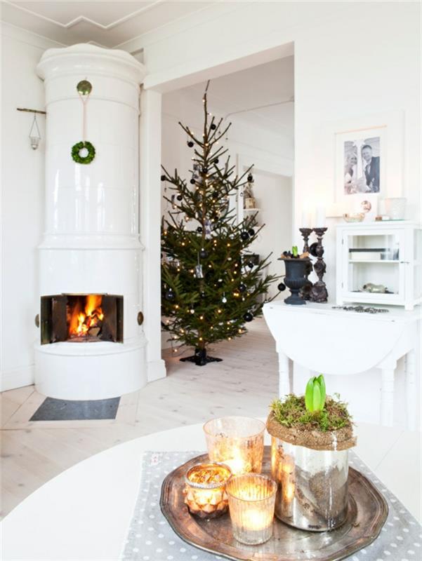 χριστουγεννιάτικα στολίδια σκανδιναβική εσωτερική διακόσμηση τζάκι λευκό