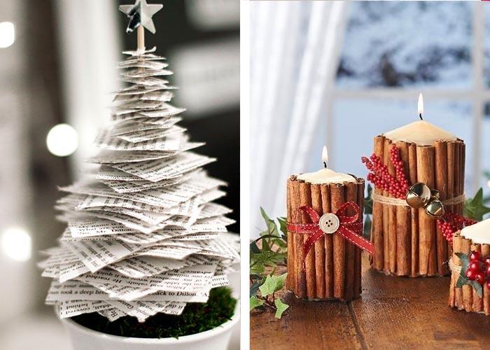 Χριστουγεννιάτικη διακόσμηση τραπεζιού Χριστουγεννιάτικο δέντρο από παλιά κεριά εφημερίδας και κολώνα με ξυλάκια κανέλας