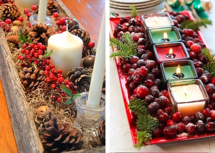 Χριστουγεννιάτικη διακόσμηση τραπεζιού διακοσμήστε τραπέζι για τα Χριστούγεννα με κουκουνάρια, κόκκινα μούρα και κεριά