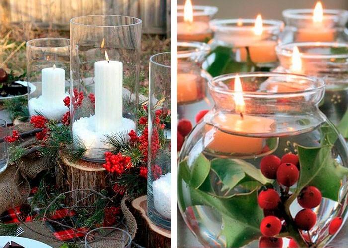 χριστουγεννιάτικη διακόσμηση τραπεζιών ιδέες διακόσμησης τραπεζιού λευκά κολόνια κεριά που επιπλέουν κεριά έλατο πράσινο