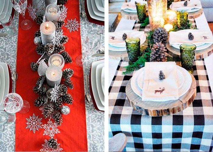 Χριστουγεννιάτικη διακόσμηση τραπεζιού τραπέζι δρομέας κουκουνάρι ασημένιες νιφάδες χιονιού