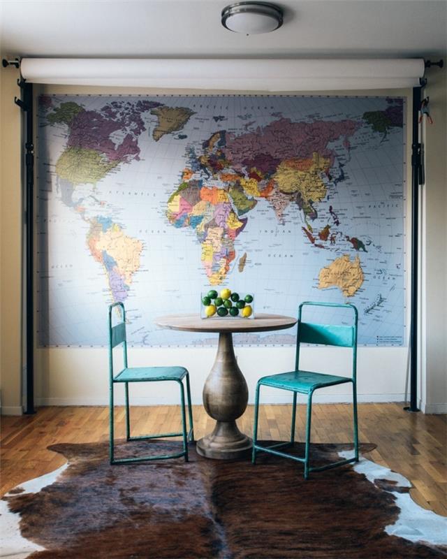 παγκόσμιος χάρτης τοίχος ασυνήθιστη διακόσμηση τοίχου μικρή τραπεζαρία γούνινο χαλί