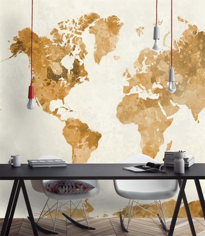 παγκόσμιος χάρτης τοίχος ασυνήθιστη τοιχογραφία τοίχου σύγχρονη τραπεζαρία χρυσές πινελιές