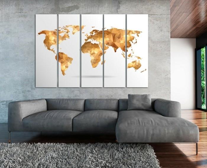 παγκόσμιος χάρτης τοίχος κομψή διακόσμηση τοίχου γκρι καναπές σαλονιού