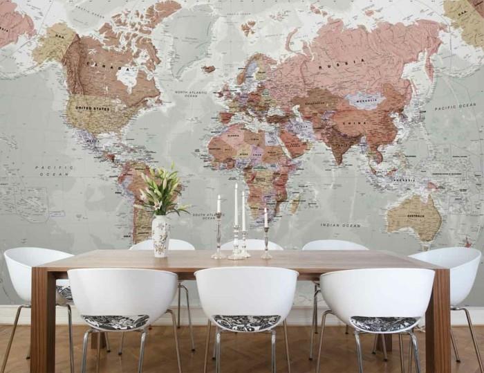 παγκόσμιος χάρτης τοίχος τραπεζαρία διακόσμηση τοίχου μακριά τραπεζαρία λευκές καρέκλες τραπεζαρίας