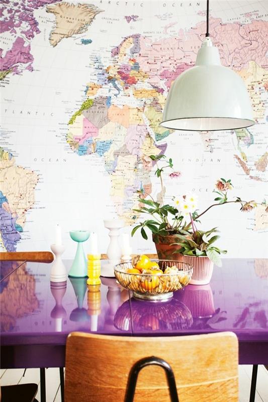 παγκόσμιος χάρτης τοίχος τραπεζαρία διακοσμούν φρέσκο ​​ντεκόρ τοίχου μωβ τραπεζαρία