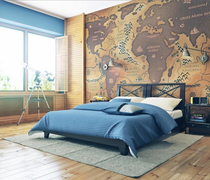 παγκόσμιος χάρτης τοίχος κρεβατοκάμαρα ιδέες σχεδιασμού τοίχου γκρι χαλί δάπεδο ξύλινη εμφάνιση