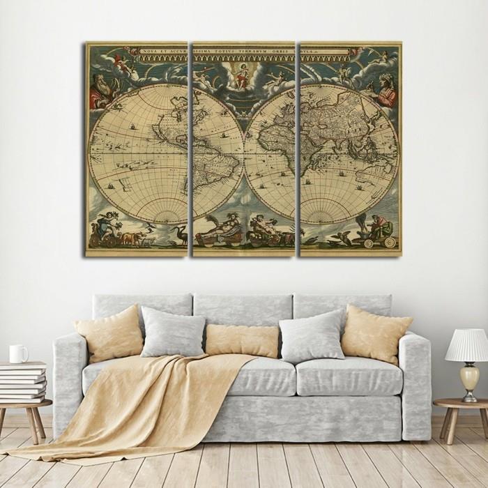 παγκόσμιος χάρτης τοίχος κομψό σαλόνι με επίπλωση καμβά σανίδα δαπέδου