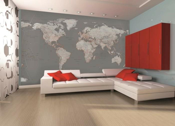 παγκόσμιος χάρτης τοίχος τοιχογραφία μπεζ γωνιακός καναπές σαλόνι