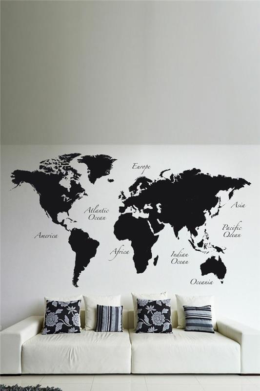 παγκόσμιος χάρτης τοιχογραφία τοίχου καθιστικό μαύρο άσπρο