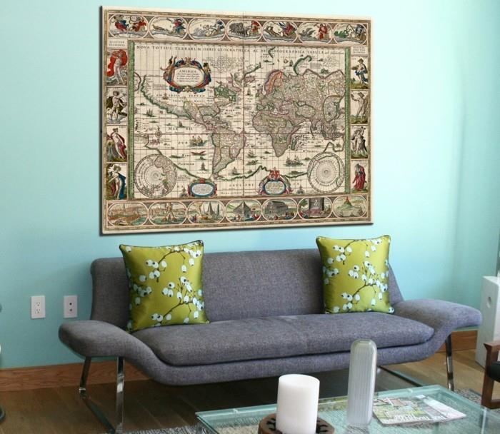 παγκόσμιος χάρτης ιδέες διακόσμησης σαλόνι τοίχου φρέσκο ​​χρώμα ρετρό καναπέ