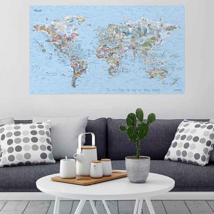 παγκόσμιος χάρτης ιδέες διακόσμησης σαλόνι τοίχου μοντέρνος σχεδιασμός τοίχου κομψά μαξιλάρια ρίψης