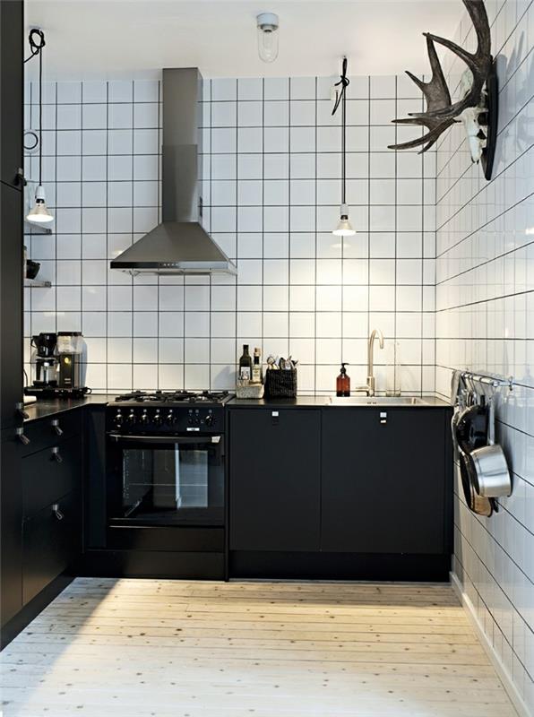 γωνιακή κουζίνα μικρή κουζίνα με μαύρα ντουλάπια κουζίνας