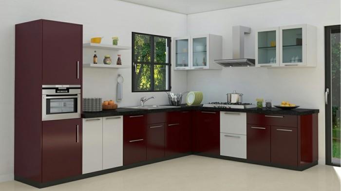 γωνιακή κουζίνα με σκούρα κόκκινα ντουλάπια κουζίνας