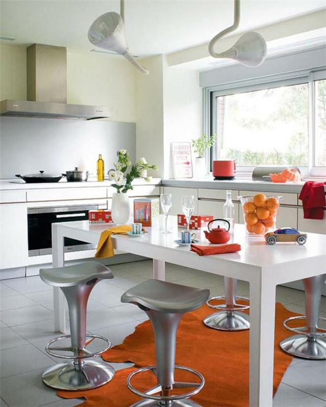 ζωγραφική τοίχων ιδέες φρέσκια κουζίνα πορτοκαλί χαλί μοντέρνα σκαμπό μπαρ