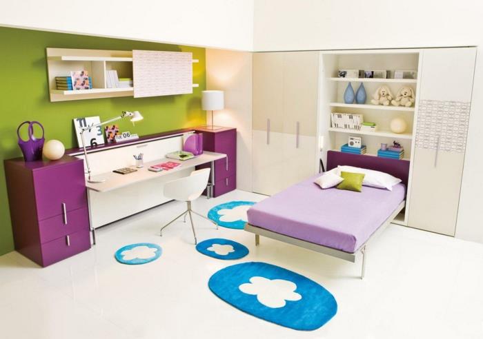 βαφές τοίχων ιδέες πράσινη προφορά τοίχου μοβ στοιχεία ιδέες σπιτιού παιδικό δωμάτιο