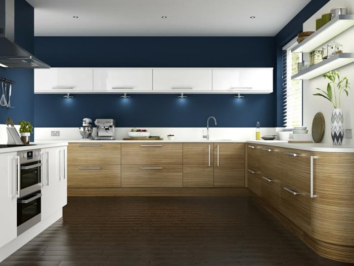βαφή τοίχου ζωγραφική κουζίνα ιδέες τοίχων κουζίνα επίπλωση μπλε βαφή τοίχου όμορφη ντουλάπια κουζίνας ξύλινη υφή