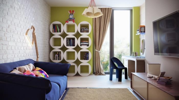 βαφές τοίχων ιδέες παιδικό δωμάτιο ράφια τοίχου πράσινη προφορά