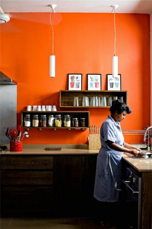 τοίχοι ζωγραφικής ιδέες πορτοκαλί κουζίνα ανοιχτά ράφια
