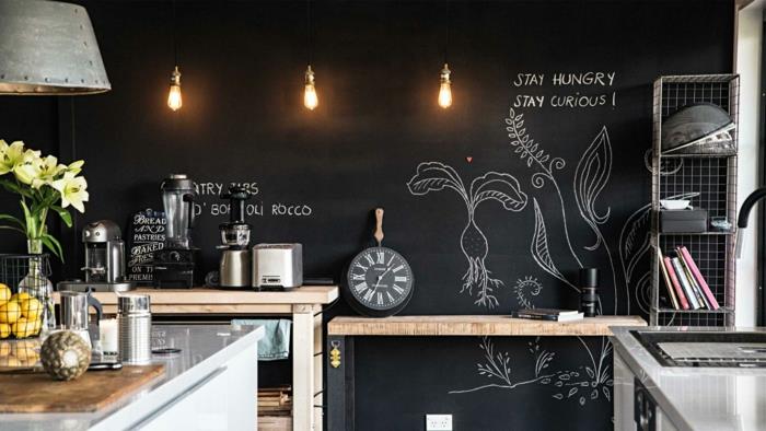 βαφές τοίχων ιδέες μαυροπίνακας κουζίνα σκούρο χρώμα τοίχου