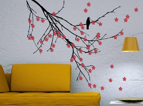 βαφή τοίχων ιδέες σαλόνι κίτρινο φρέσκο ​​μοτίβο καναπέ