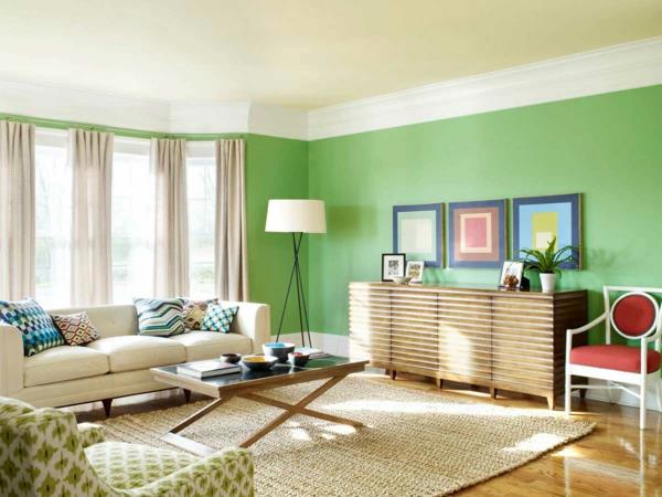 βαφή τοίχων ιδέες σαλόνι πράσινο φως κουρτίνες μπεζ