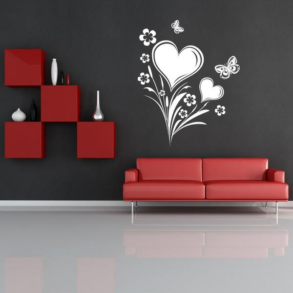 βαφή τοίχων ιδέες σαλόνι στένσιλ μοτίβο καρδιά κόκκινο
