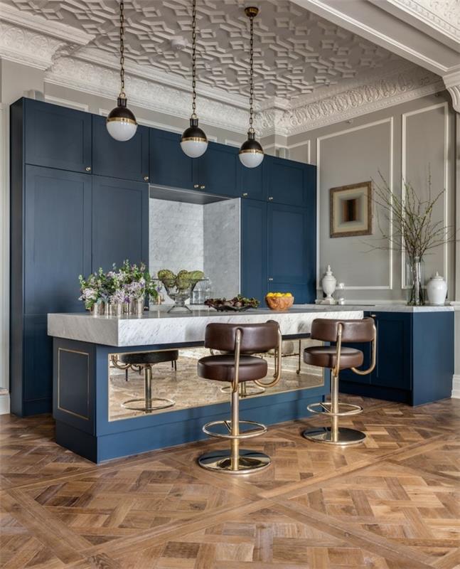 ζωντανή ιδέα κουζίνα διακοσμητικό ταβάνι όμορφο δάπεδο μπλε επίπλωση