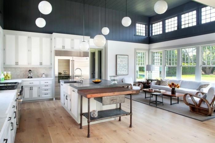 ζωντανή ιδέα κουζίνα σκούρο ταβάνι ξύλινο πάτωμα φωτεινά έπιπλα κρεμαστά φώτα