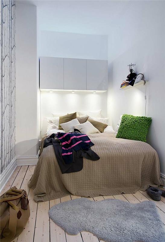 ιδέες διαβίωσης υπνοδωμάτιο μικρό υπνοδωμάτιο στήσιμο ταπετσαρία τοίχου χαλί ξύλινο πάτωμα