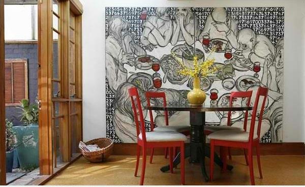 τραπεζαρία moderm wall art κόκκινες καρέκλες