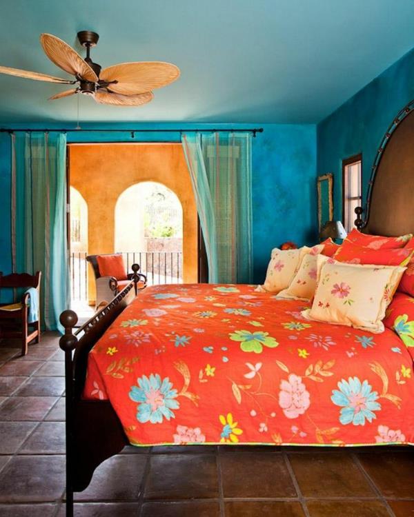 ιδέες χρώματος υπνοδωμάτιο μπλε κρεβάτι πορτοκαλί