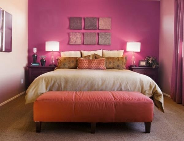 ιδέες χρώματος υπνοδωμάτιο ροζ τοίχος σχεδιασμός κρεβάτι πάγκο κρεβάτι
