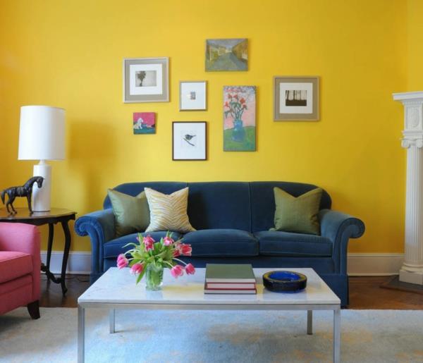 ιδέες διαβίωσης για σαλόνι ηλιόλουστα χρώματα σχεδιασμός τοίχου κίτρινο σχέδιο