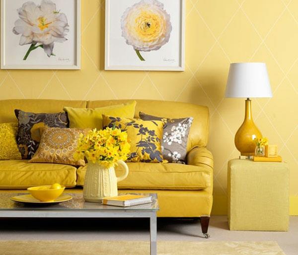 χρώματα σχεδιασμός τοίχου κίτρινος καναπές λαμπτήρας βάση
