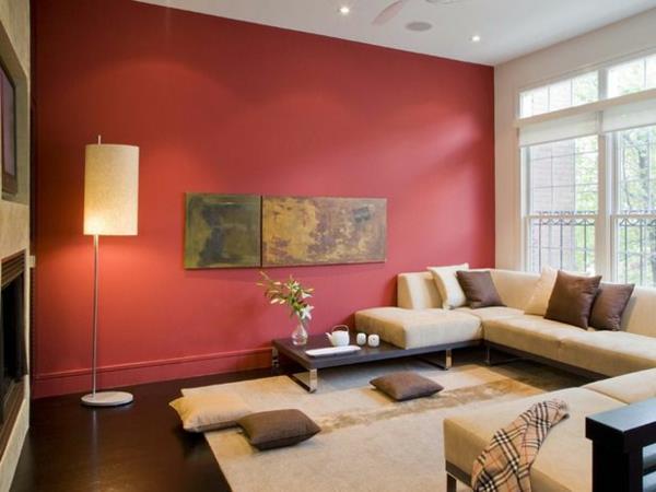 ιδέες σπιτιού για φωτιστικά δαπέδου σαλονιού χρώματα σχεδιασμός τοίχων κόκκινοι πίνακες