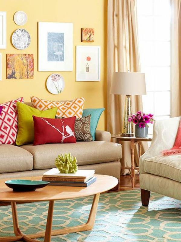 σαλόνι καναπέδες τραπέζι στρογγυλά χρώματα σχεδιασμός τοίχου