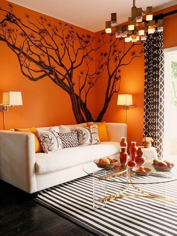ιδέες διαβίωσης πορτοκαλί χρώματα σαλονιού σχεδιασμός τοίχου αυτοκόλλητο τοίχου