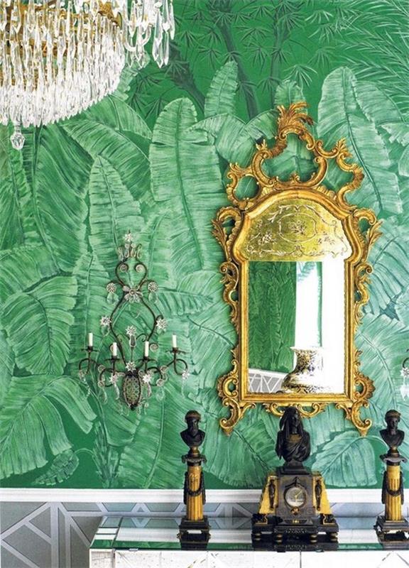 ζωντανές ιδέες πράσινο σμαραγδί πράσινο τοίχο ταπετσαρία μοτίβο φοινίκες φρυγανιές χρυσό χρώμα