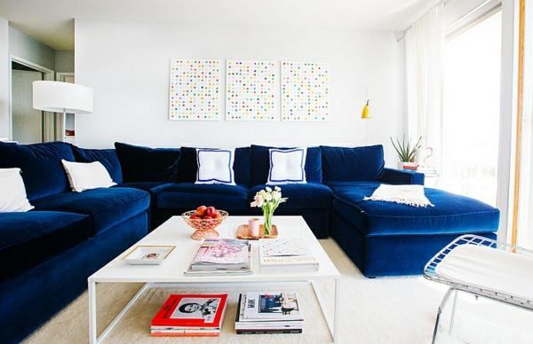 εσωτερική διακόσμηση μπλε και λευκό σαλόνι μπλε καναπές