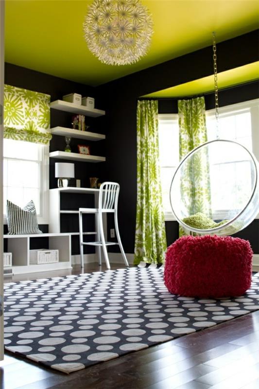 ιδέες διαβίωσης νεανικό δωμάτιο επίπλωση κρεμαστή καρέκλα τοίχο ράφι χαλί