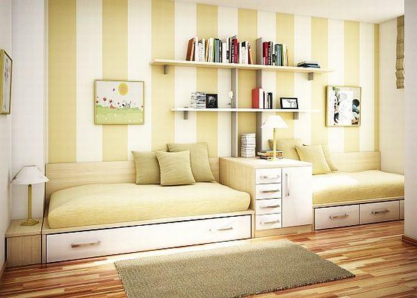 νεανική αίθουσα σχεδιασμός 2 κρεβάτια κίτρινο ράφι τοίχου