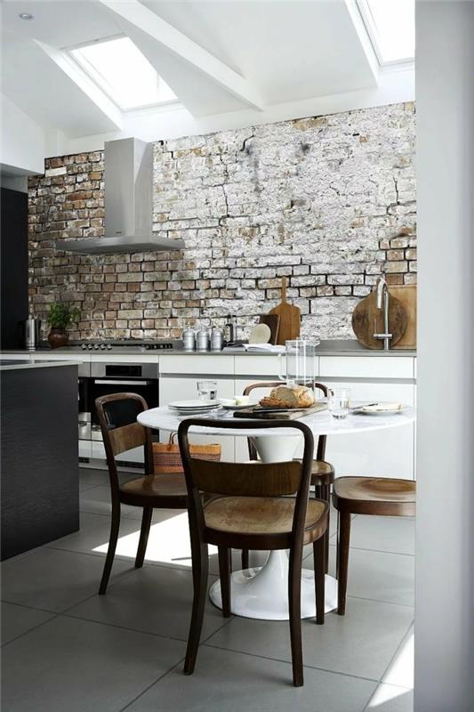 ιδέες διαβίωσης οπτικά από τούβλα τοίχου κουζίνας και μεγάλα πλακάκια δαπέδου