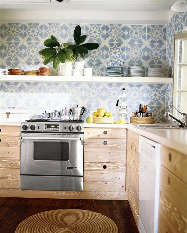 ζωντανές ιδέες κουζίνα πλακάκια μοτίβο πλακάκια ξύλινα ντουλάπια κουζίνας στρογγυλό χαλί