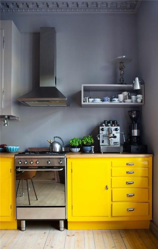 ζωντανές ιδέες κουζίνα γκρι τοίχο χρώμα κίτρινα ντουλάπια κουζίνας