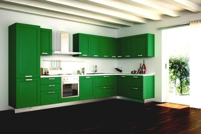 ιδέες διαβίωσης κουζίνα πράσινα ντουλάπια κουζίνας σκούρο δάπεδο