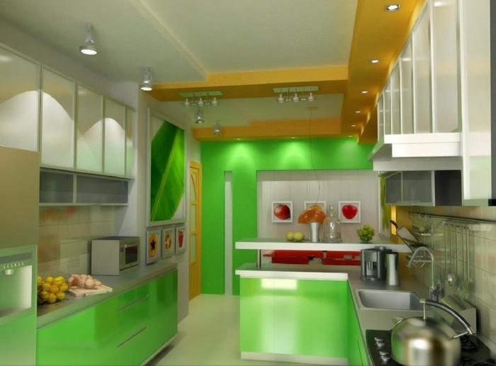 ζωντανές ιδέες κουζίνα πράσινα ντουλάπια κουζίνας χωνευτά φώτα κόκκινες πινελιές