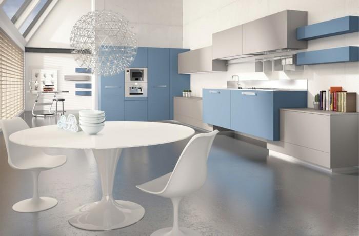 ζωντανές ιδέες κουζίνα ανοιχτό μπλε ντουλάπια κουζίνας στρογγυλή τραπεζαρία δροσερός πολυέλαιος