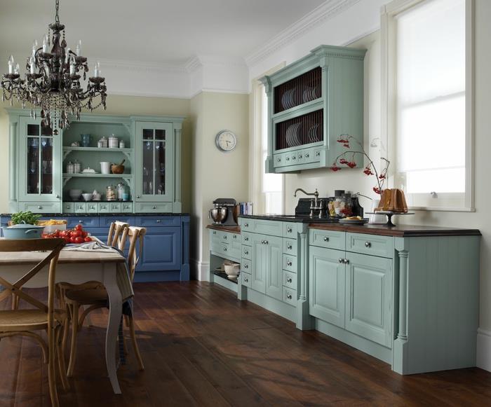 ιδέες διαβίωσης κουζίνα ανοιχτό πράσινο ντουλάπια κουζίνας ξύλινο πάτωμα