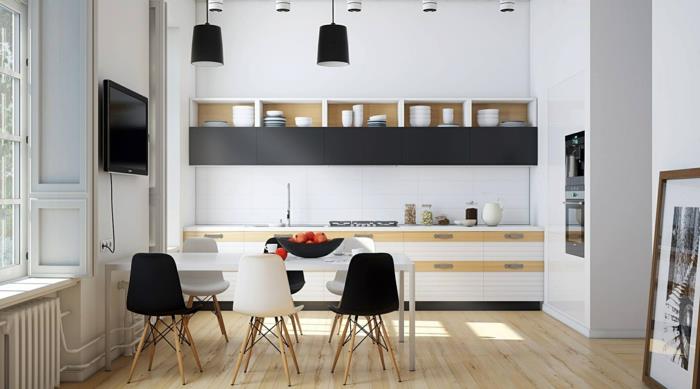 ζωντανές ιδέες κουζίνα ξύλινες προθέσεις ξύλινο πάτωμα λευκοί τοίχοι